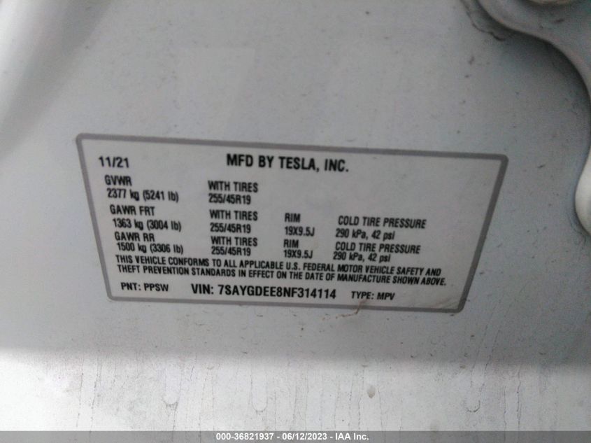 2022 TESLA MODEL Y LONG RANGE - 7SAYGDEE8NF314114