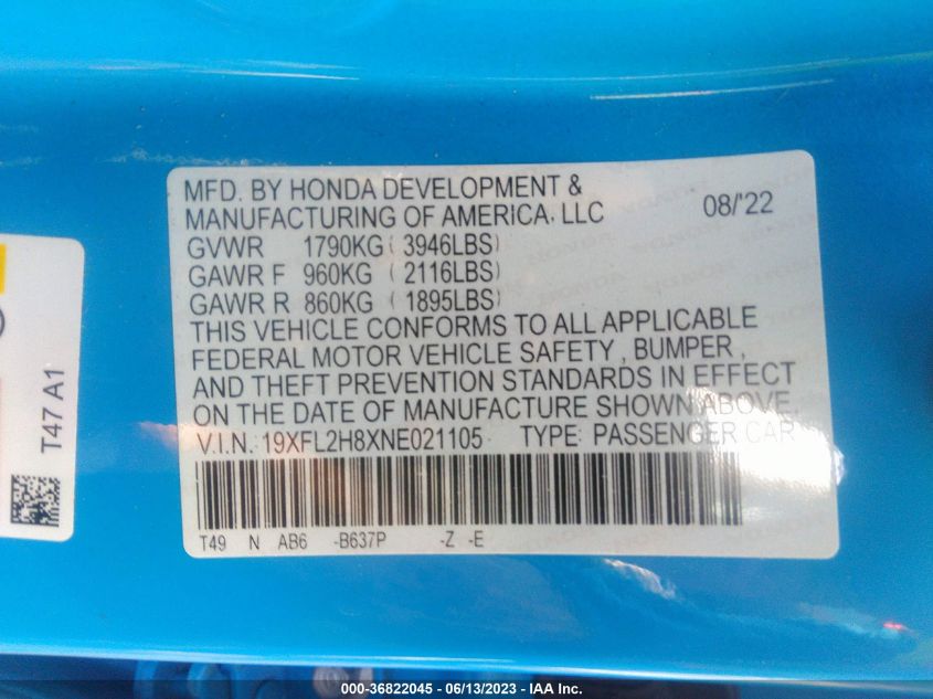 2022 HONDA CIVIC HATCHBACK SPORT - 19XFL2H8XNE021105