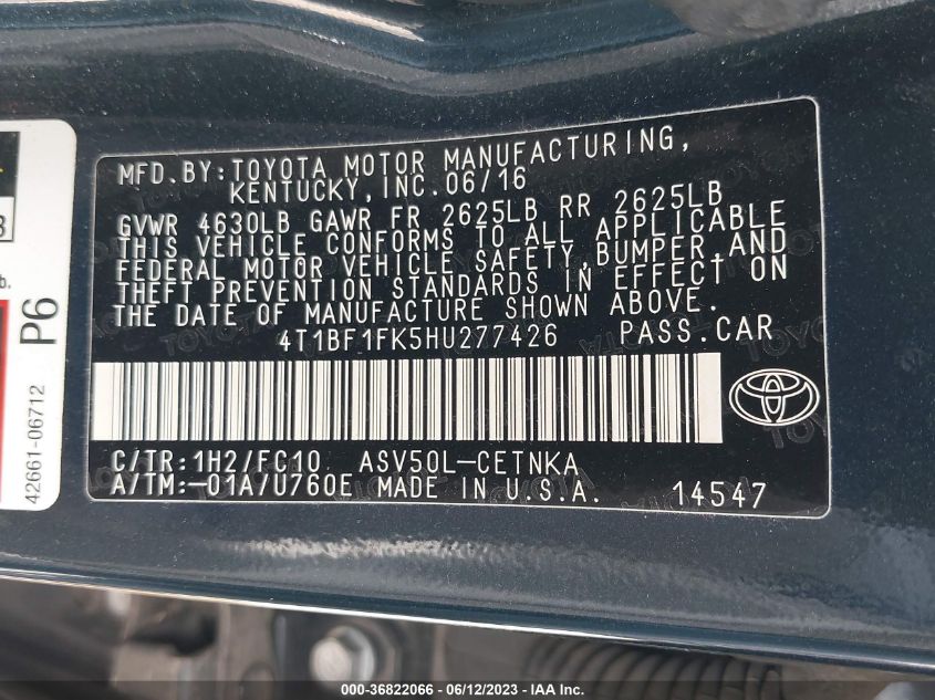 2017 TOYOTA CAMRY XLE/SE/LE/XSE - 4T1BF1FK5HU277426