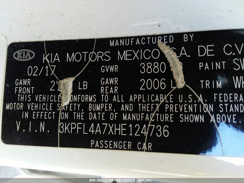 2017 KIA FORTE LX - 3KPFL4A7XHE124736