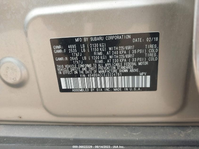2018 SUBARU OUTBACK PREMIUM - 4S4BSACC3J3324781