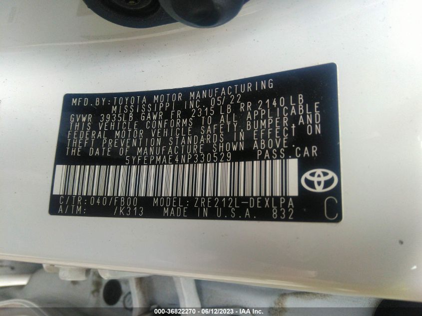 2022 TOYOTA COROLLA LE - 5YFEPMAE4NP330529