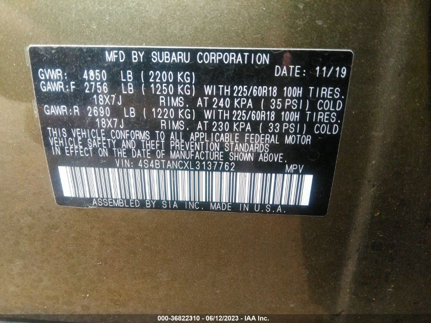 2020 SUBARU OUTBACK LIMITED - 4S4BTANCXL3137762
