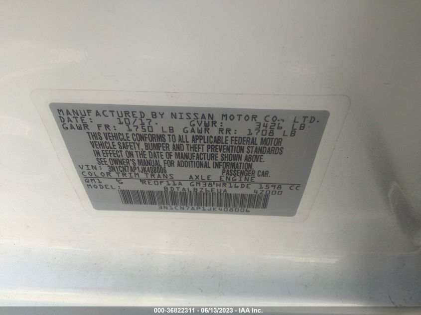 2018 NISSAN VERSA SEDAN SV - 3N1CN7AP1JK408006
