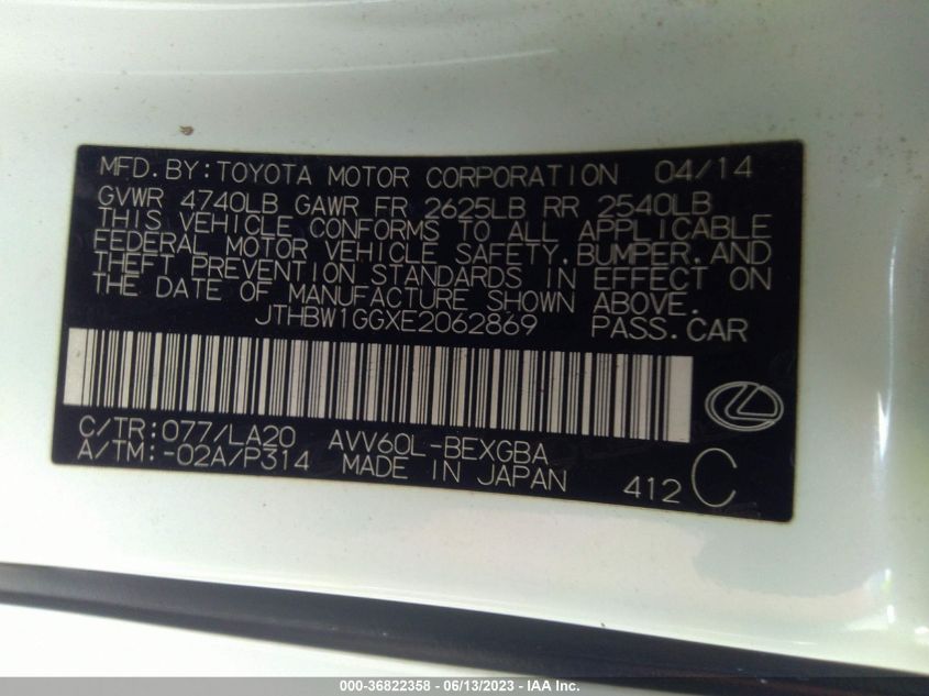 2014 LEXUS ES 300H HYBRID JTHBW1GGXE2062869