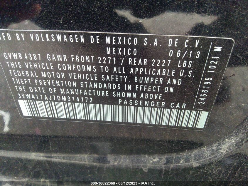 2013 VOLKSWAGEN GLI AUTOBAHN 3VW4T7AJ7DM314172