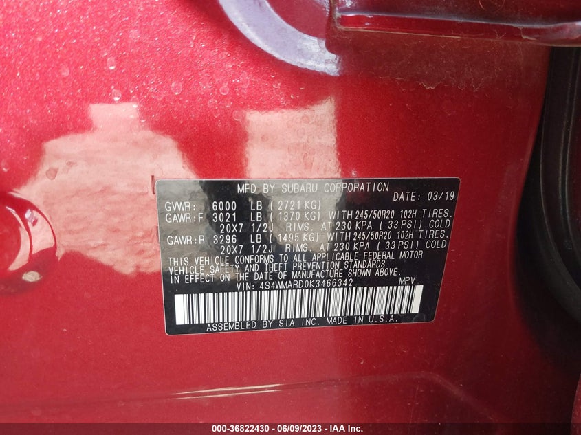 VIN 4S4WMARD0K3466342 2019 SUBARU ASCENT TOURING