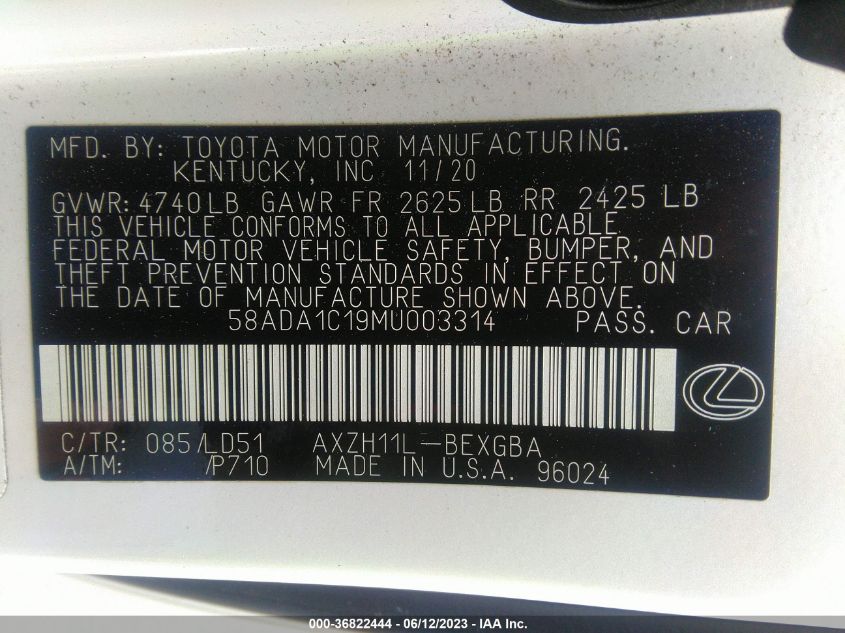 2021 LEXUS ES ES 300H 58ADA1C19MU003314