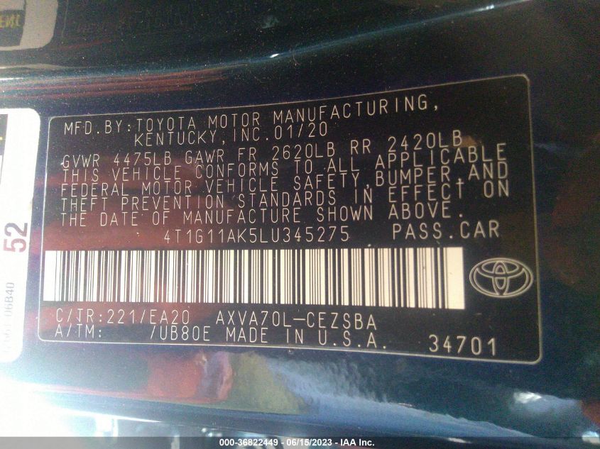 2020 TOYOTA CAMRY SE - 4T1G11AK5LU345275