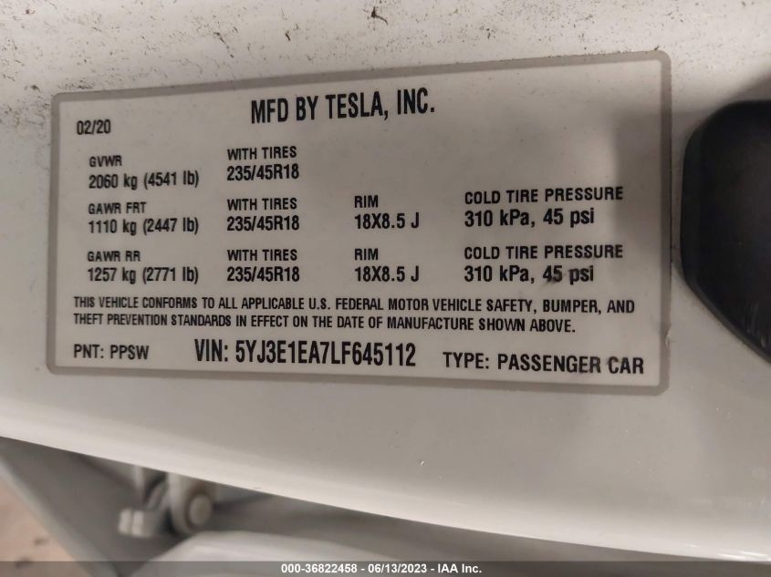 2020 TESLA MODEL 3 STANDARD RANGE - 5YJ3E1EA7LF645112