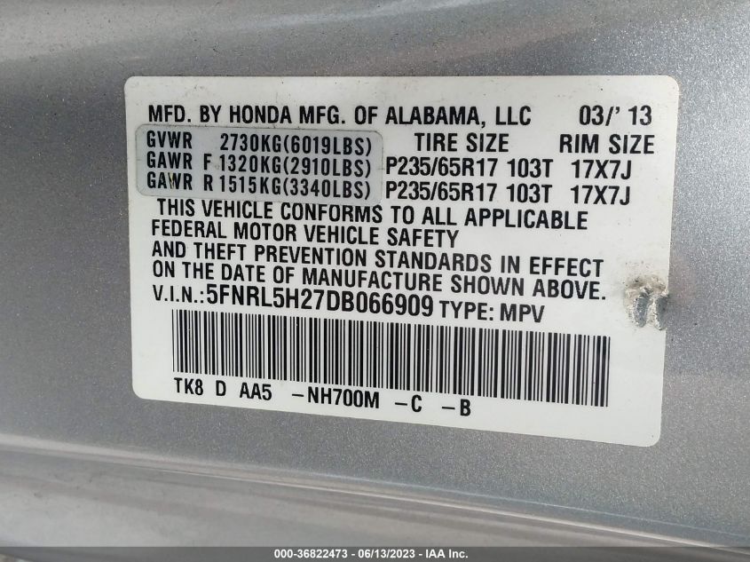 2013 HONDA ODYSSEY LX - 5FNRL5H27DB066909