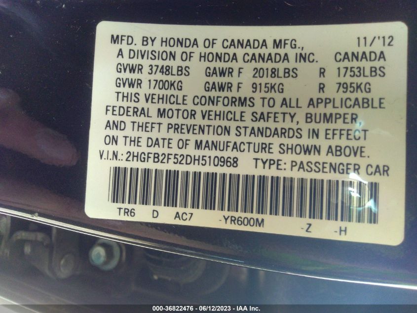 2013 HONDA CIVIC SDN LX - 2HGFB2F52DH510968