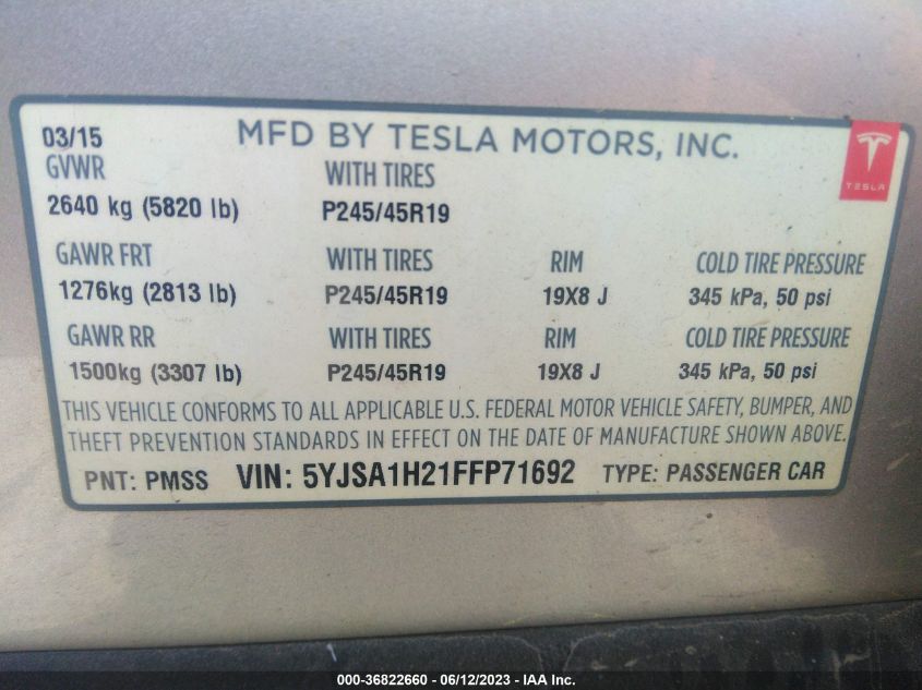 2015 TESLA MODEL S 85D/P85D/70D/90D/P90D - 5YJSA1H21FFP71692