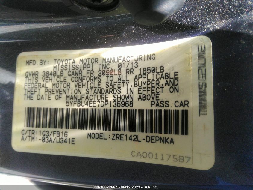 2013 TOYOTA COROLLA L/LE/S - 5YFBU4EE7DP136968