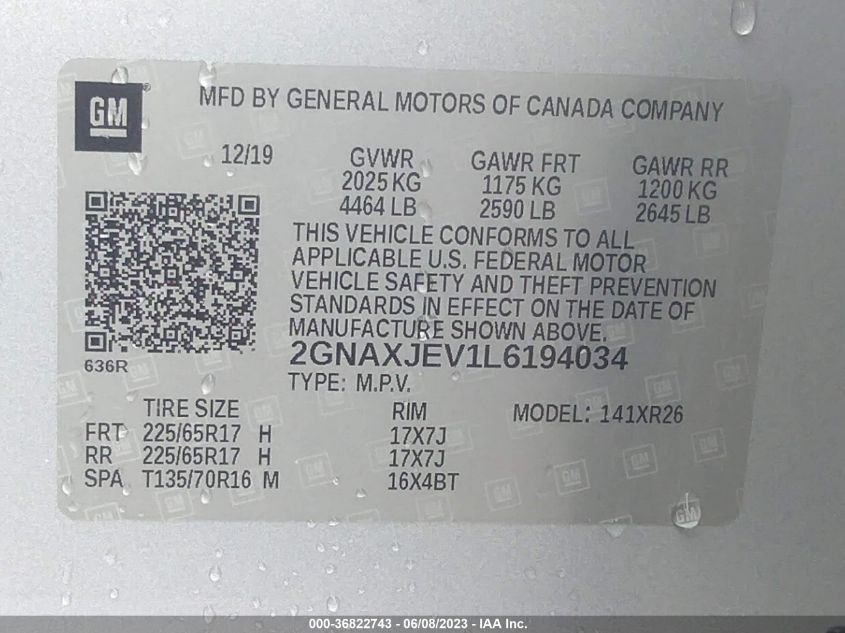 2020 CHEVROLET EQUINOX LT - 2GNAXJEV1L6194034