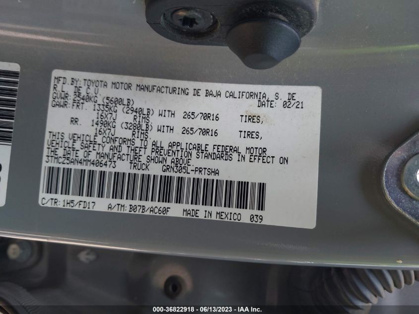 2021 TOYOTA TACOMA 4WD SR/SR5/TRD SPORT - 3TMCZ5AN4MM406473