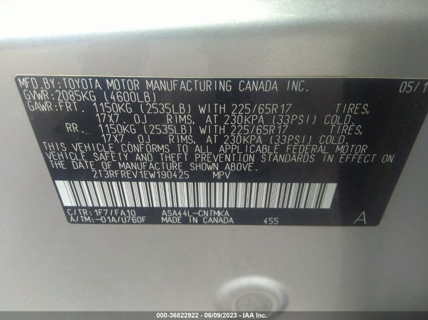 2014 TOYOTA RAV4 XLE - 2T3RFREV1EW190425