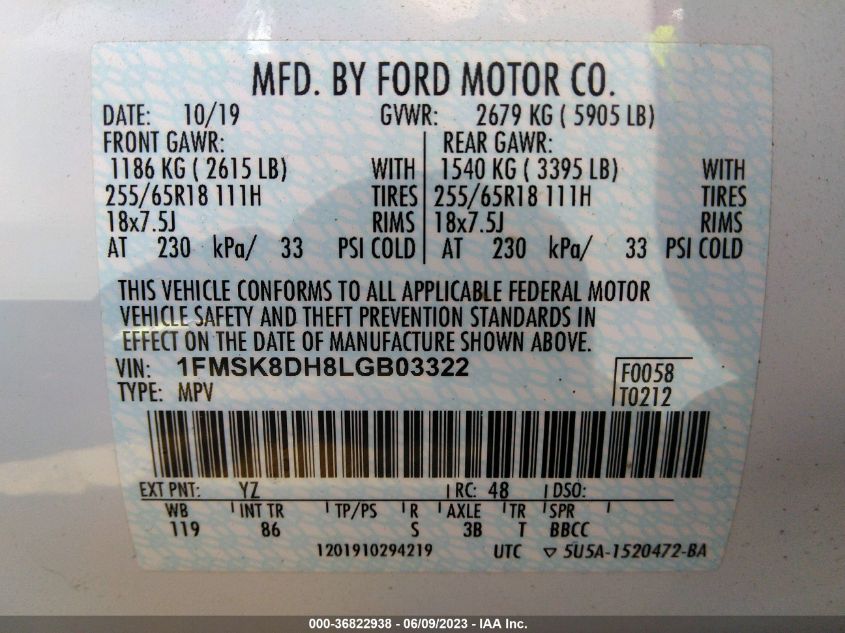 2020 FORD EXPLORER XLT - 1FMSK8DH8LGB03322