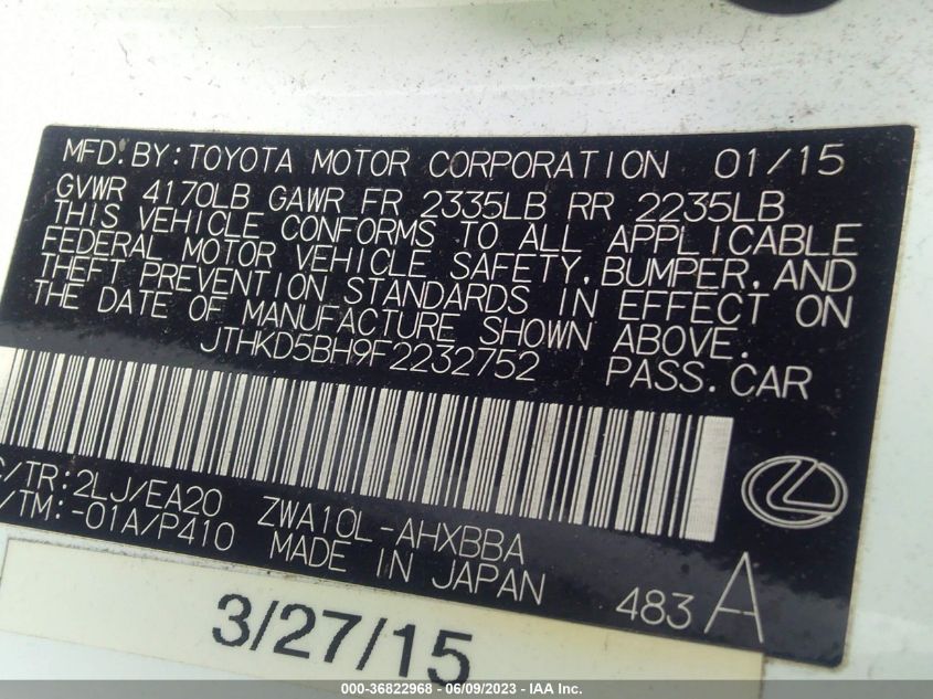 2015 LEXUS CT 200H HYBRID - JTHKD5BH9F2232752