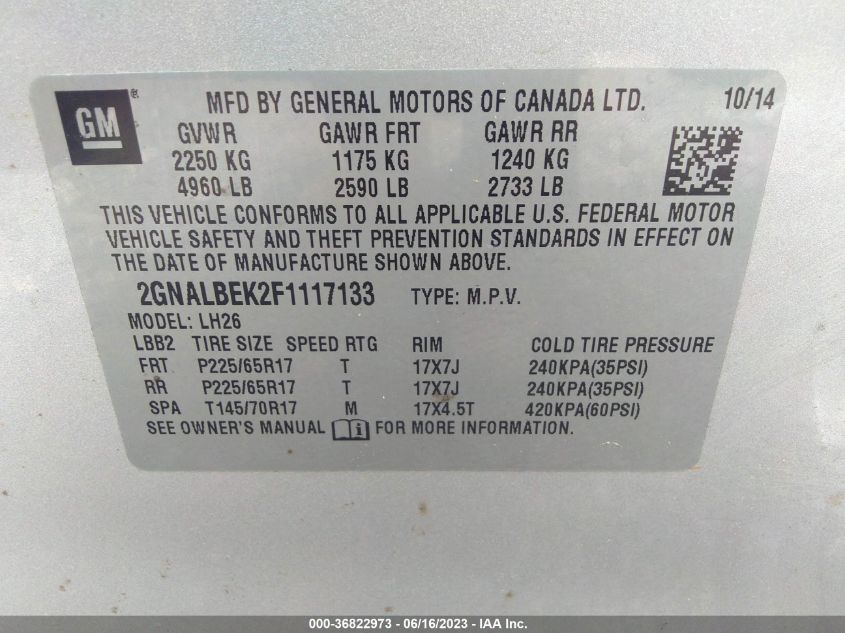 2015 CHEVROLET EQUINOX LT - 2GNALBEK2F1117133