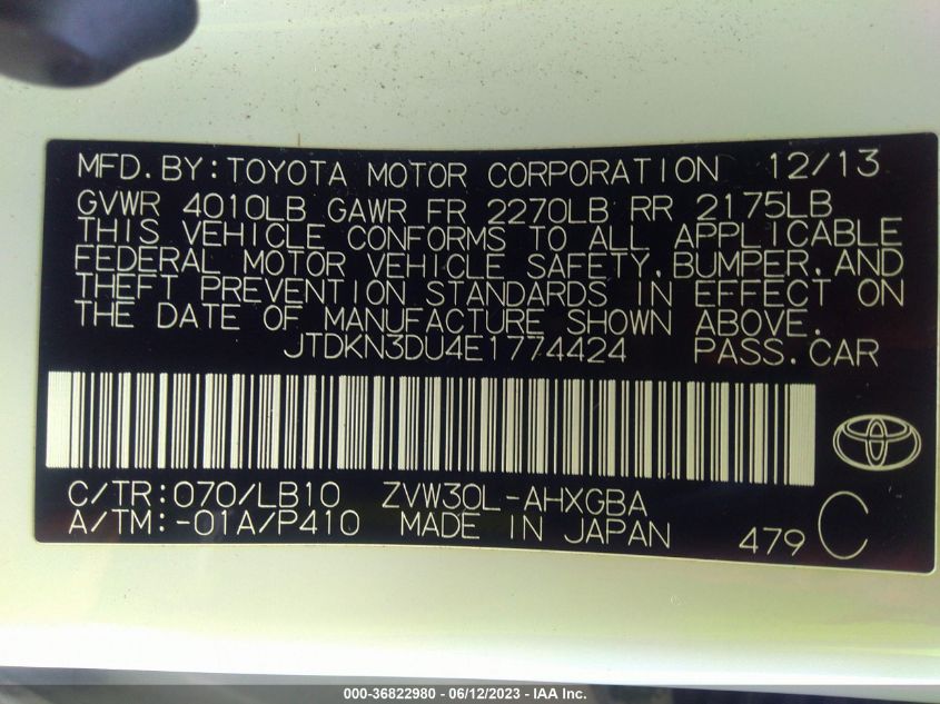 2014 TOYOTA PRIUS FOUR/FIVE/THREE/ONE/TWO - JTDKN3DU4E1774424