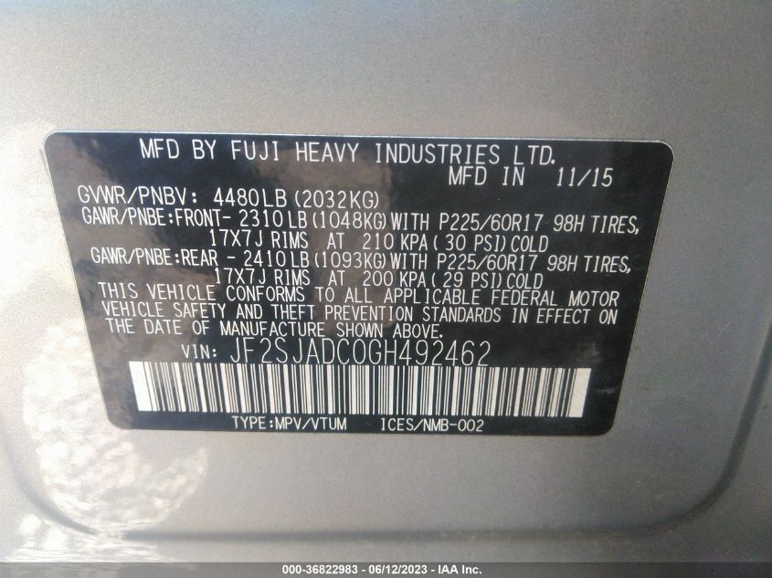 2016 SUBARU FORESTER 2.5I PREMIUM - JF2SJADC0GH492462