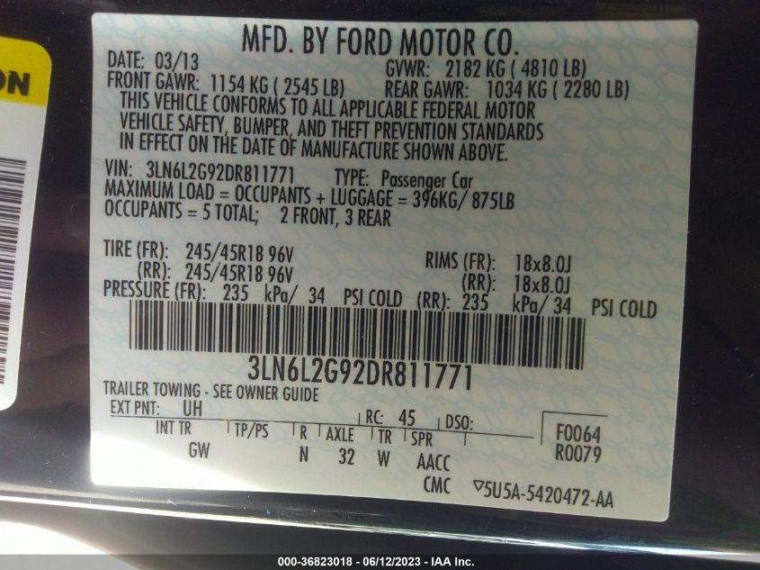 2013 LINCOLN MKZ - 3LN6L2G92DR811771