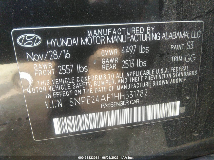 VIN 5NPE24AF1HH531782 2017 HYUNDAI SONATA 2.4L