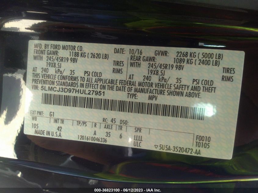 2017 LINCOLN MKC RESERVE - 5LMCJ3D97HUL27951