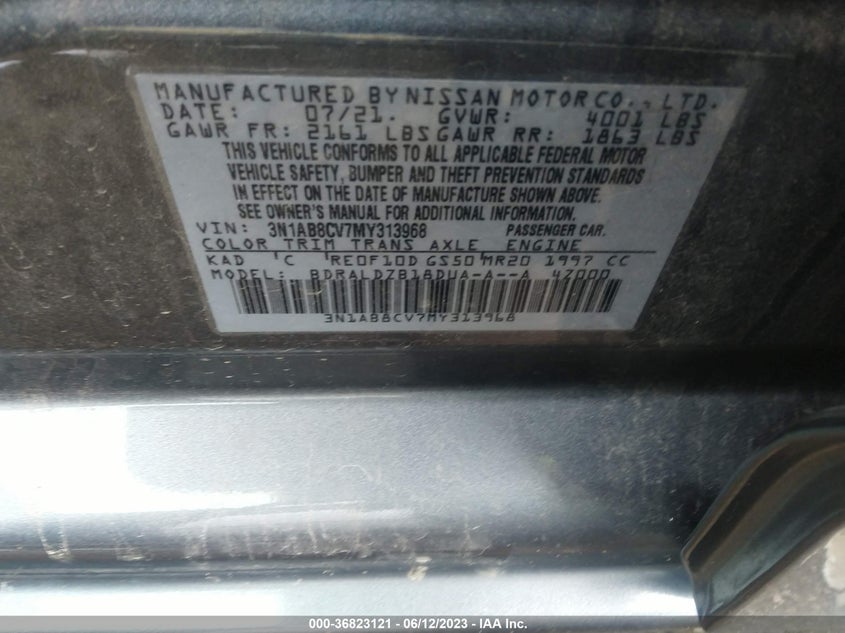 VIN 3N1AB8CV7MY313968 2021 NISSAN SENTRA SV