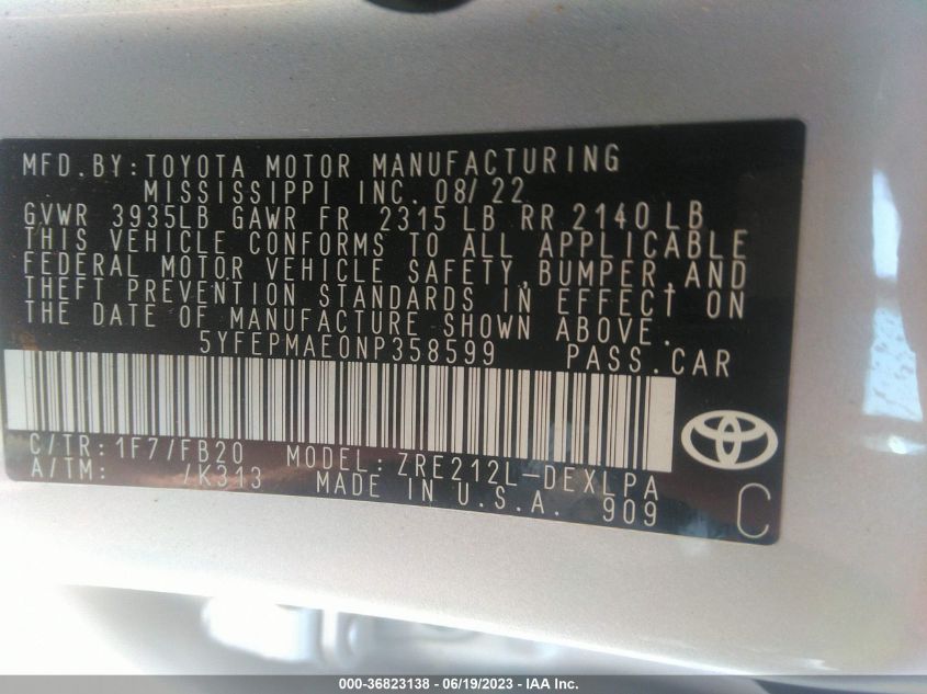 2022 TOYOTA COROLLA LE - 5YFEPMAE0NP358599