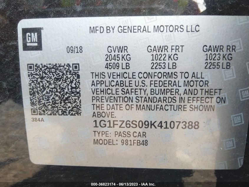 2019 CHEVROLET BOLT EV PREMIER - 1G1FZ6S09K4107388