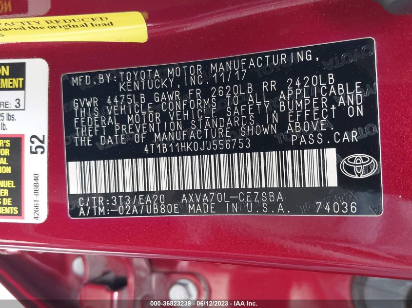 2018 TOYOTA CAMRY LE/SE/XLE/L - 4T1B11HK0JU556753