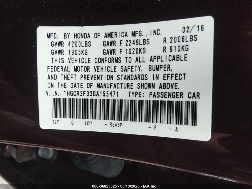 2016 HONDA ACCORD SEDAN LX - 1HGCR2F33GA155471