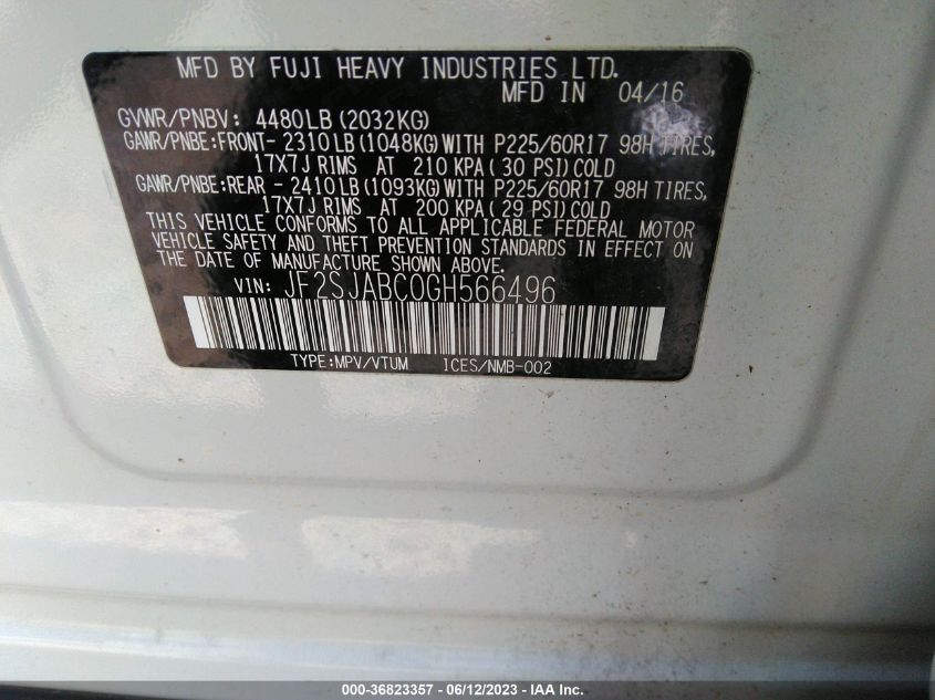 2016 SUBARU FORESTER 2.5I - JF2SJABC0GH566496