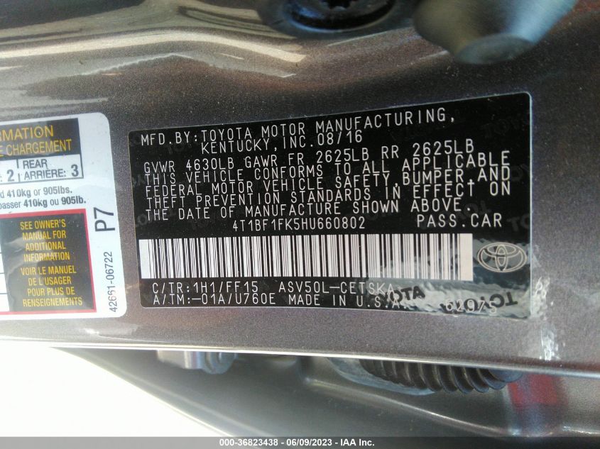 2017 TOYOTA CAMRY XLE/SE/LE/XSE - 4T1BF1FK5HU660802