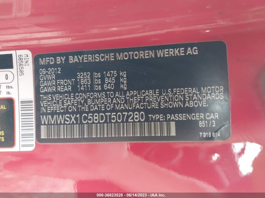 2013 MINI COOPER COUPE WMWSX1C58DT507280