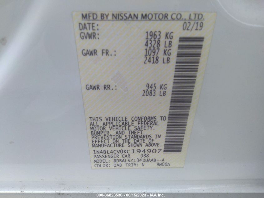2019 NISSAN ALTIMA 2.5 SR - 1N4BL4CV0KC194907