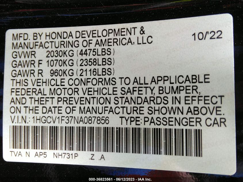 2022 HONDA ACCORD SEDAN SPORT - 1HGCV1F37NA087856