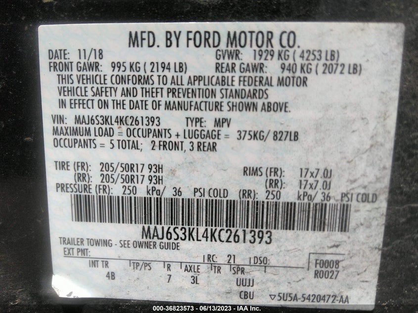 VIN MAJ6S3KL4KC261393 2019 FORD ECOSPORT TITANIUM