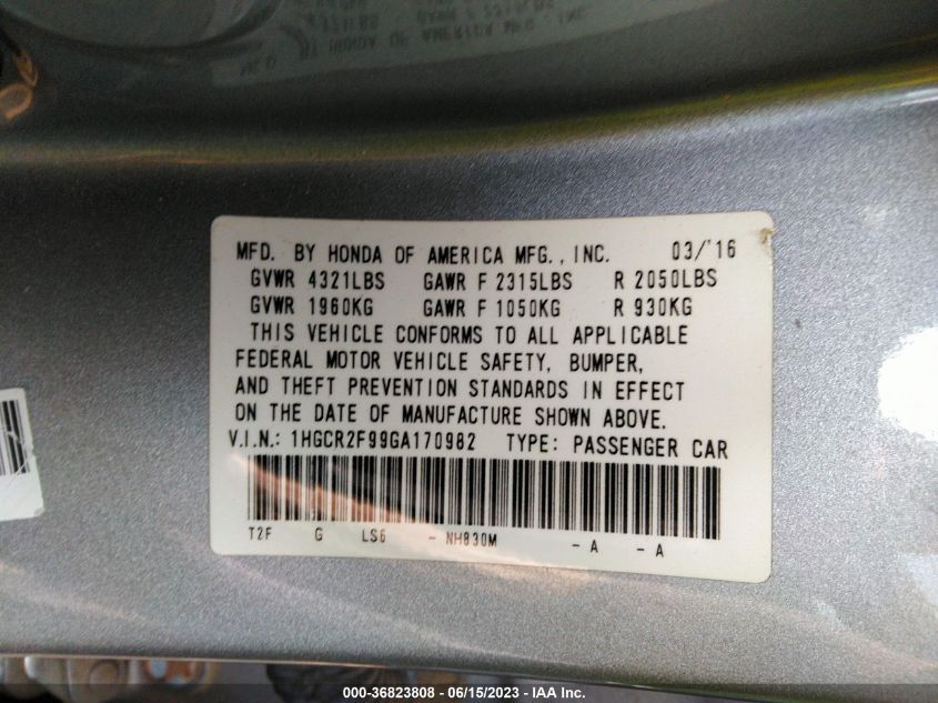 2016 HONDA ACCORD SEDAN EX-L - 1HGCR2F99GA170982