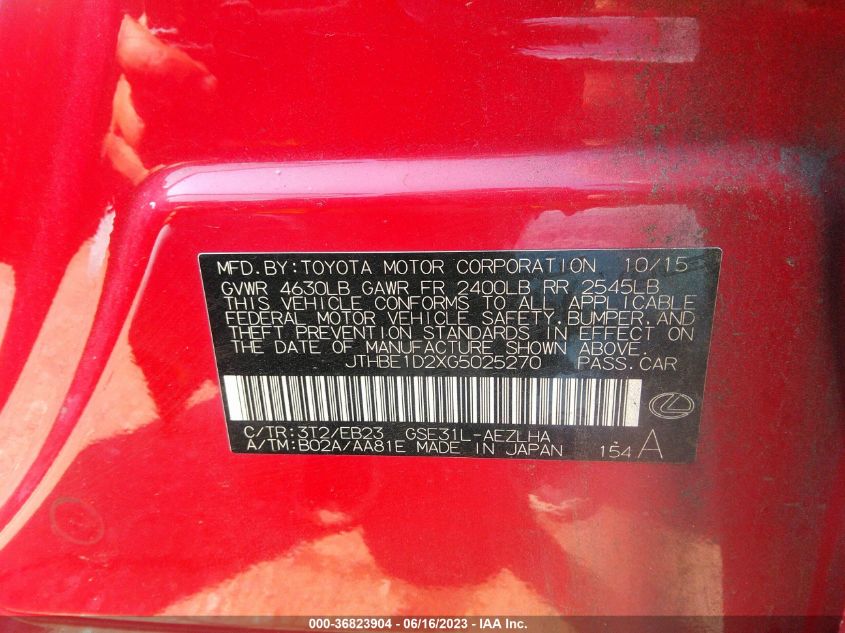 2016 LEXUS IS 350 - JTHBE1D2XG5025270