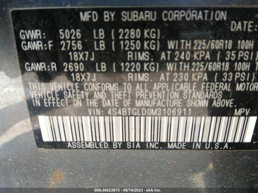 VIN 4S4BTGLD0M3106911 2021 SUBARU OUTBACK ONYX EDITION XT
