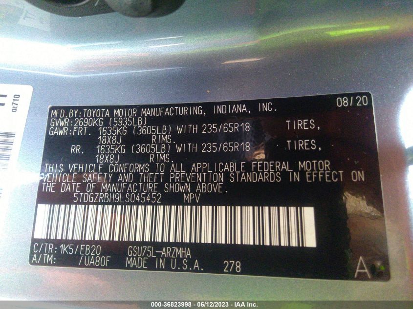 2020 TOYOTA HIGHLANDER XLE - 5TDGZRBH9LS045452