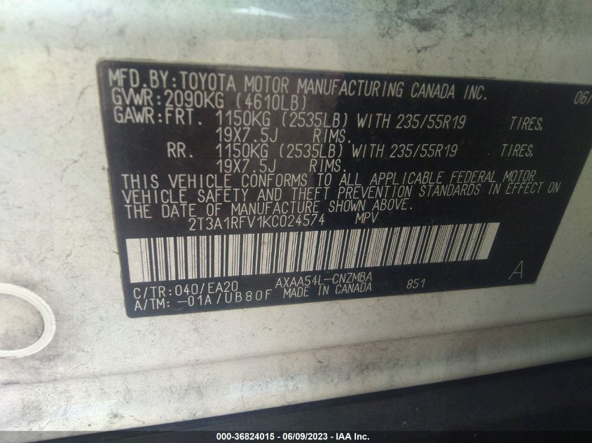 2019 TOYOTA RAV4 XLE PREMIUM - 2T3A1RFV1KC024574