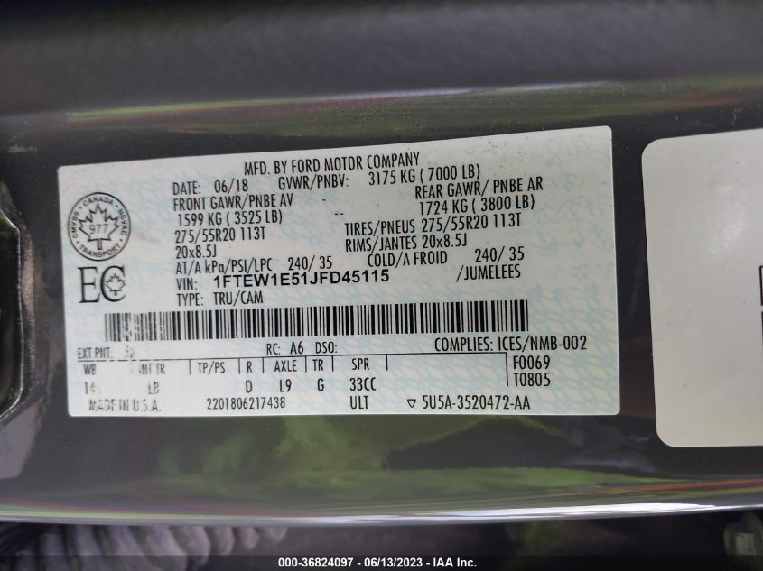 2018 FORD F-150 XL/XLT/LARIAT - 1FTEW1E51JFD45115