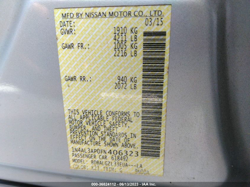 2015 NISSAN ALTIMA 2.5/S/SV/SL - 1N4AL3AP0FN406323