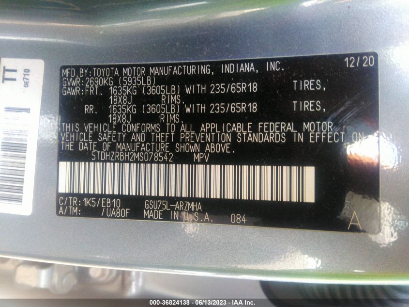 2021 TOYOTA HIGHLANDER XLE - 5TDHZRBH2MS078542