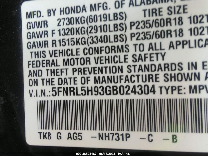 5FNRL5H93GB024304 2016 HONDA ODYSSEY, photo no. 9