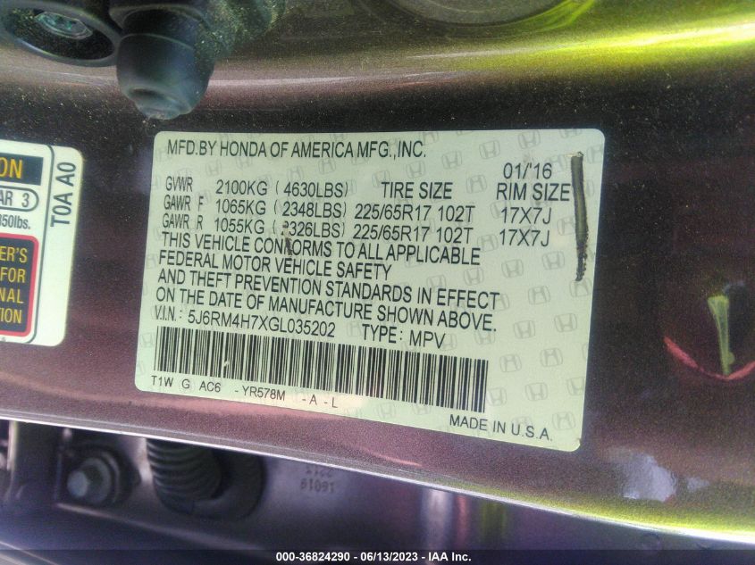 2016 HONDA CR-V EX-L - 5J6RM4H7XGL035202